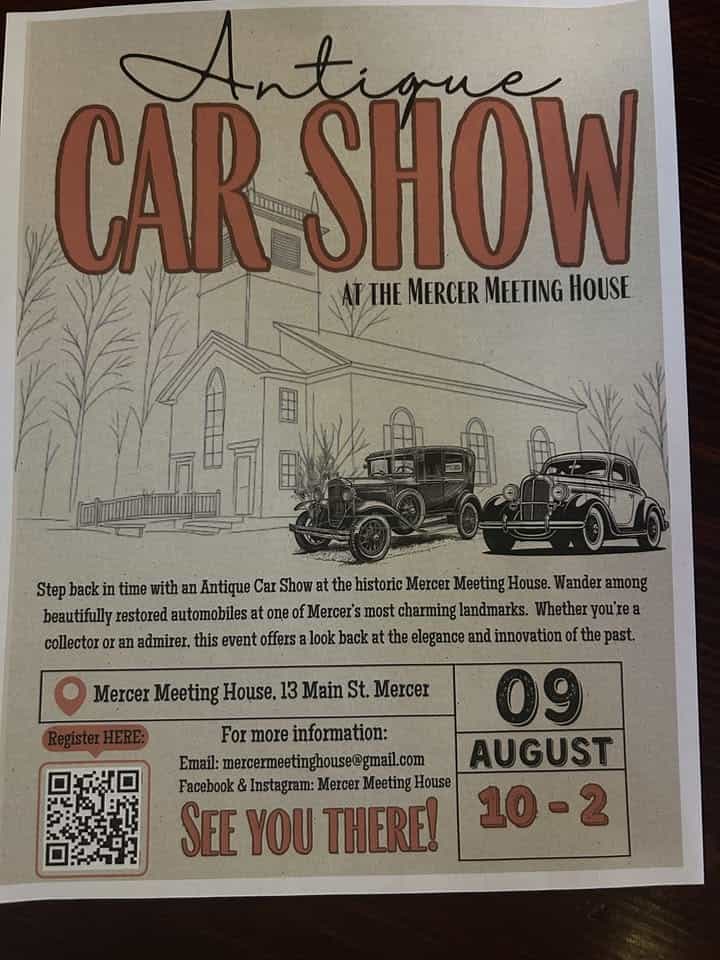 Antique Car Show at the Mercer Meeting House event at Mercer Meeting House in Mercer, ME on August 9, 2026