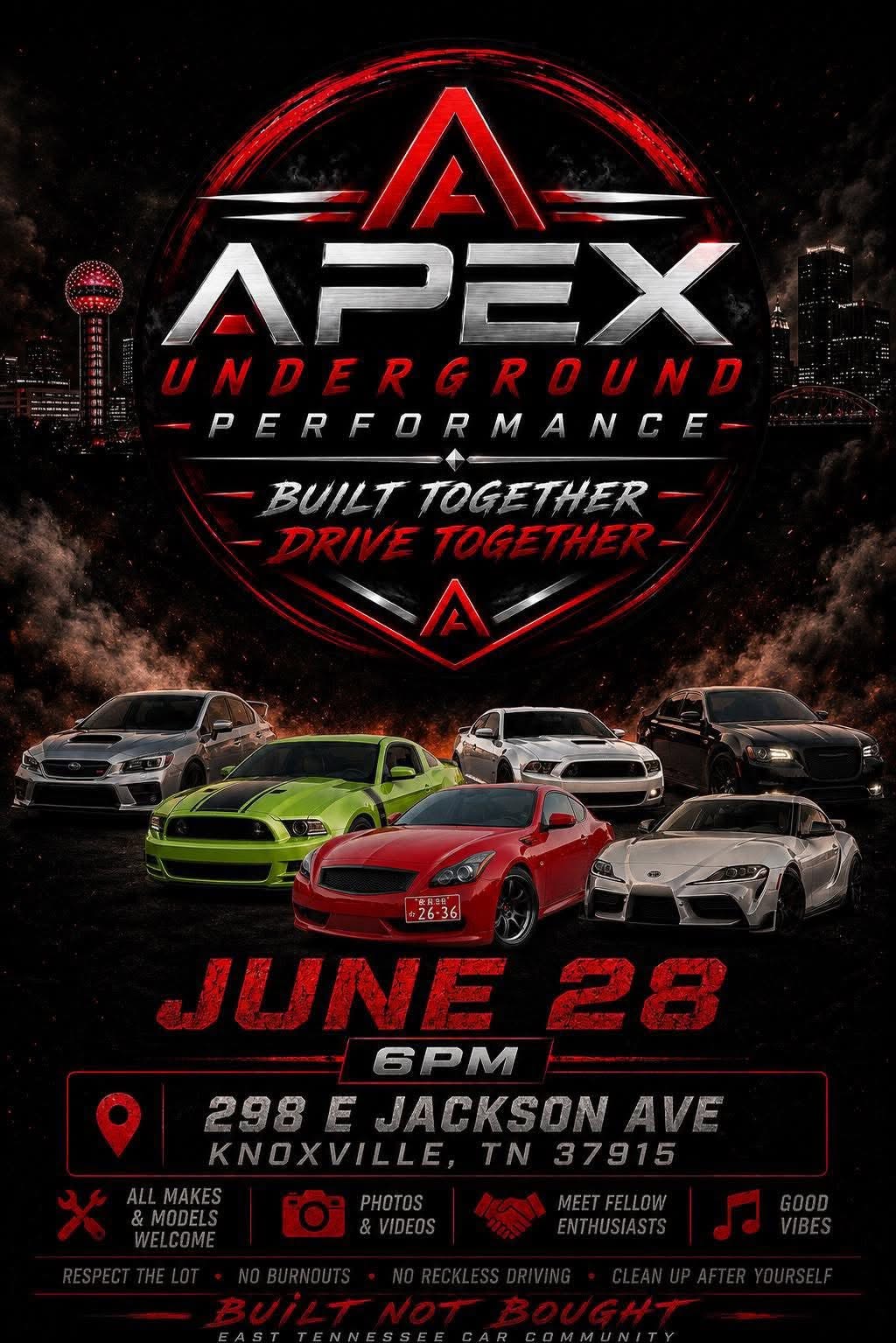 Apex Underground Performance Car Meet event at Apex Underground Performance in Knoxville, TN on June 28, 2026