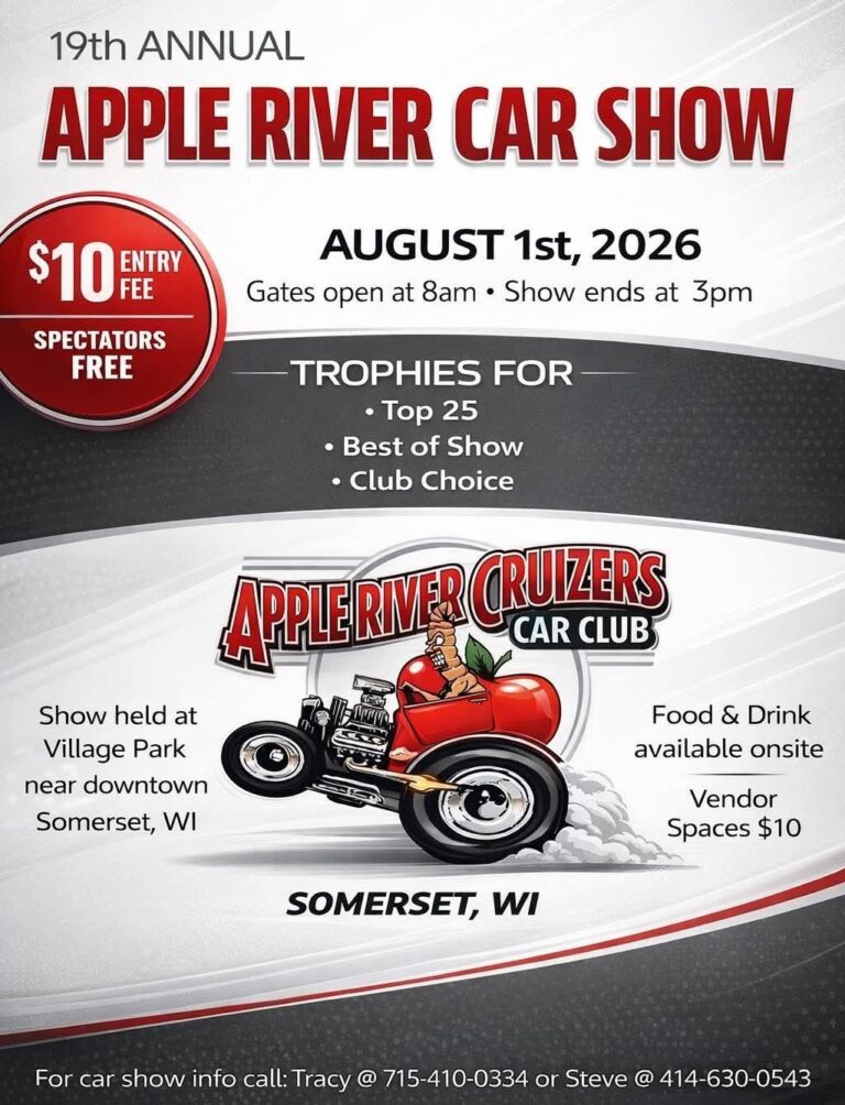 Apple River Cruizers 19th Annual Apple River Car Show event at Village Park in Somerset, WI on August 1, 2026