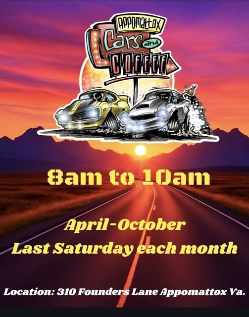 Appomattox Cars and Coffee event at 310 Founders Lane in Appomattox, VA on June 27, 2026