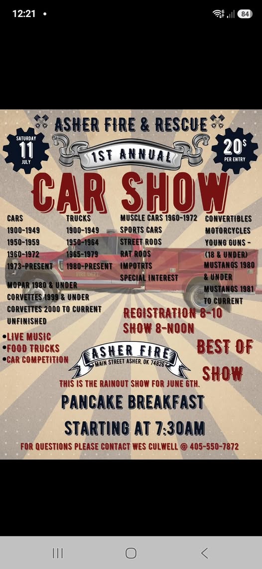 Asher Fire & Rescue 1st Annual Car Show event at Asher Fire in Asher, OK on July 11, 2026