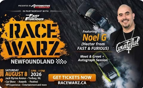 Automotive Enthusiast Race Warz Newfoundland event at Jack Byrne Arena in Torbay, NL on August 8, 2026
