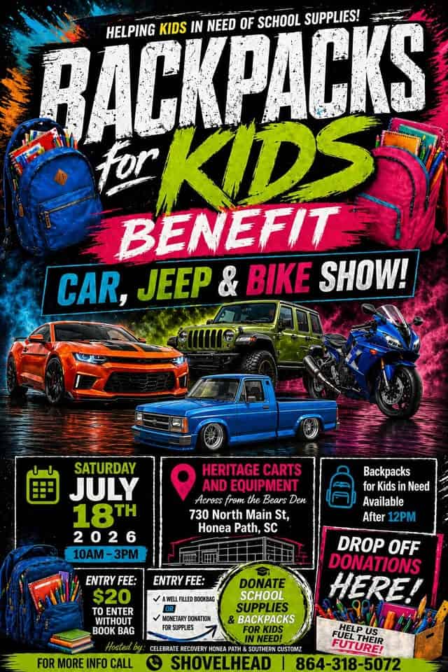 Backpacks for Kids Benefit Car, Jeep & Bike Show event at Heritage Carts and Equipment in Honea Path, SC on July 18, 2026
