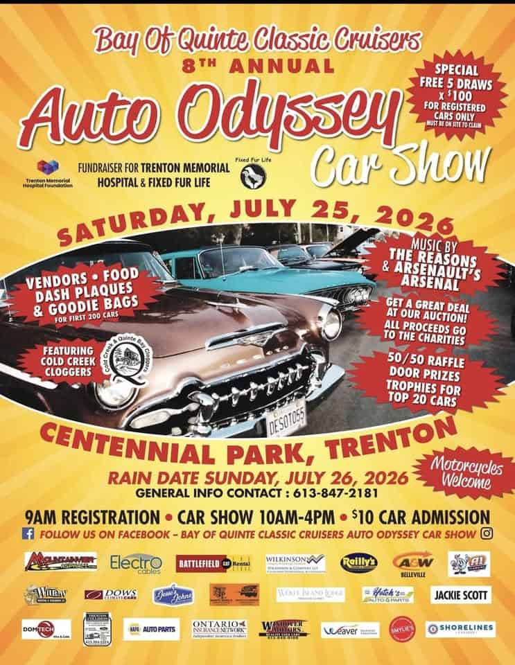 Bay of Quinte Classic Cruisers 8th Annual Auto Odyssey Car Show event at Centennial Park in Trenton, ON on July 25, 2026