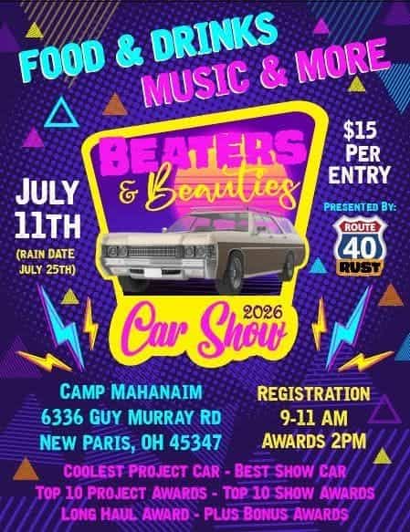 Beaters & Beauties 2026 Car Show event at Camp Mahanaim in New Paris, OH on July 11, 2026