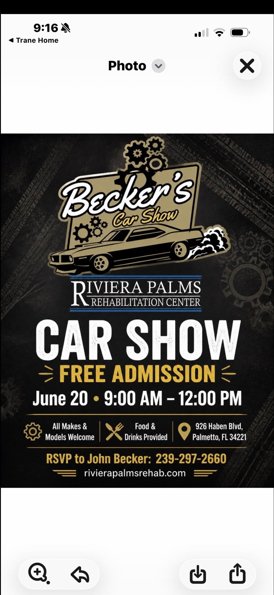 Becker's Riviera Palms Rehabilitation Center Car Show event at Riviera Palms Rehabilitation Center in Palmetto, FL on June 20, 2026