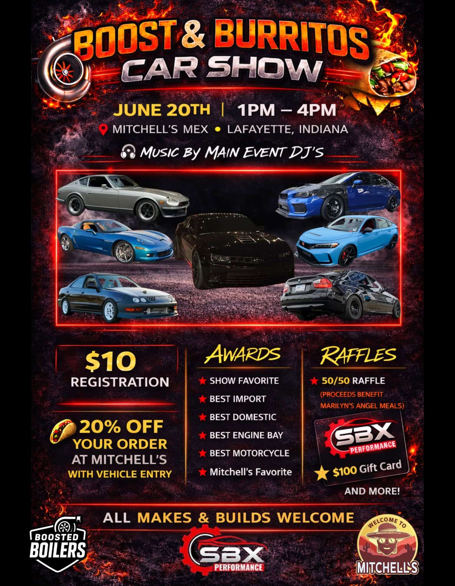 Boost & Burritos Car Show event at Mitchell's Mex in Lafayette, IN on June 20, 2026