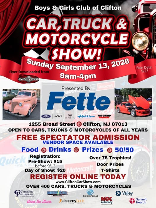 Boys & Girls Club of Clifton Car, Truck & Motorcycle Show event at Fette Ford in Clifton, NJ on September 13, 2026