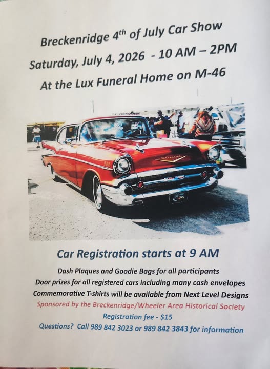 Breckenridge 4th of July Car Show event at Lux Funeral Home in Breckenridge, MI on July 4, 2026