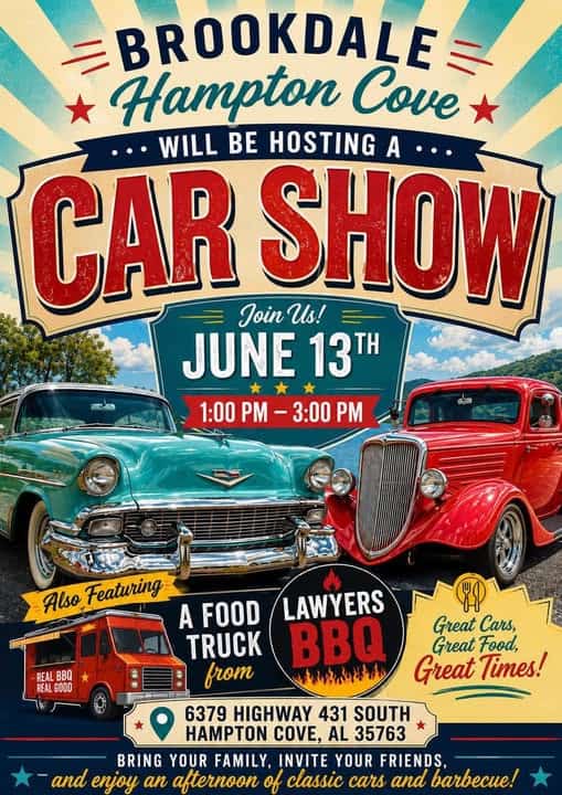 Brookdale Hampton Cove Car Show event at Brookdale Hampton Cove in Hampton Cove, AL on June 13, 2026