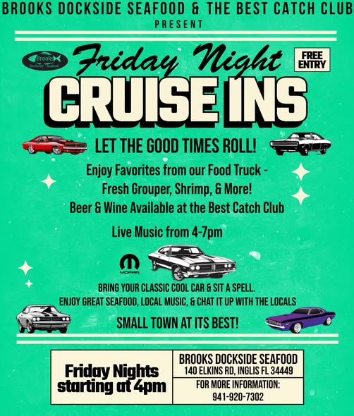 Brooks Dockside Seafood & the Best Catch Club Friday Night Cruise Ins event at Brooks Dockside Seafood in Inglis, FL on June 19, 2026