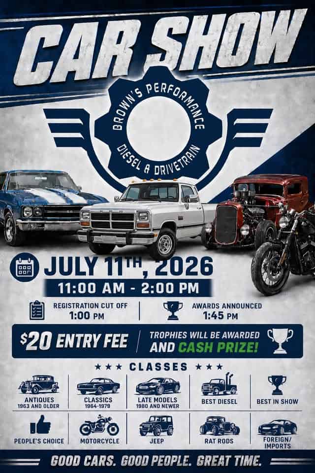 Brown's Performance Diesel & Drivetrain Car Show - Leonard TX event at Leonard City Park in Leonard, TX on July 11, 2026
