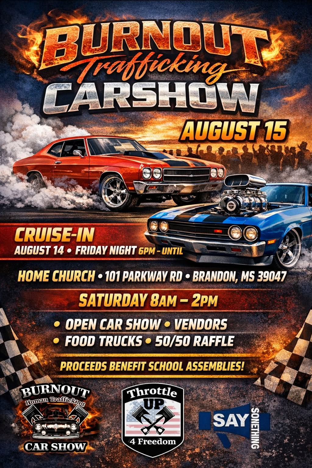 Burnout Trafficking Car Show event at Home Church in Brandon, MS on August 15, 2026