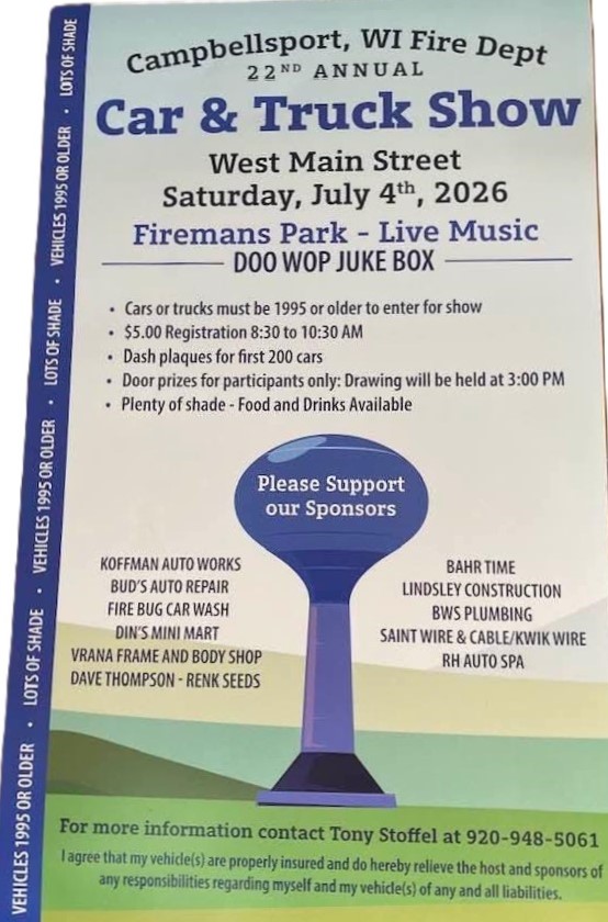 Campbellsport WI Fire Dept 22nd Annual Car & Truck Show event at Firemans Park in Campbellsport, WI on July 4, 2026