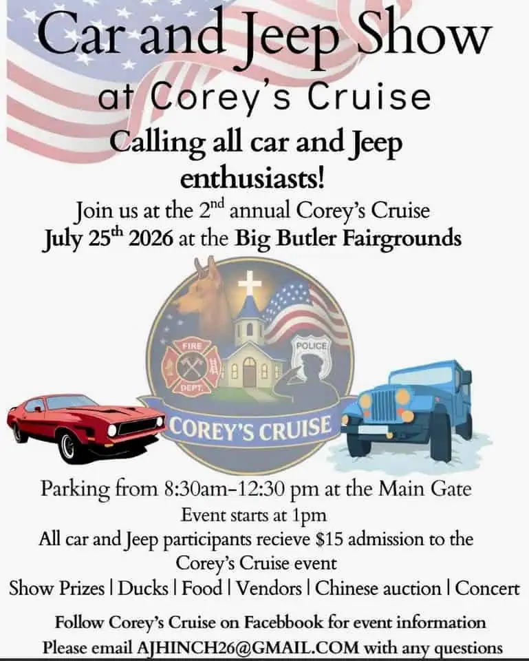Car and Jeep Show at Corey's Cruise event at Big Butler Fairgrounds in Butler, PA on July 25, 2026
