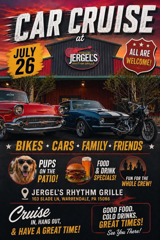 Car Cruise at Jergel's Rhythm Grille event at Jergel's Rhythm Grille in Warrendale, PA on July 26, 2026