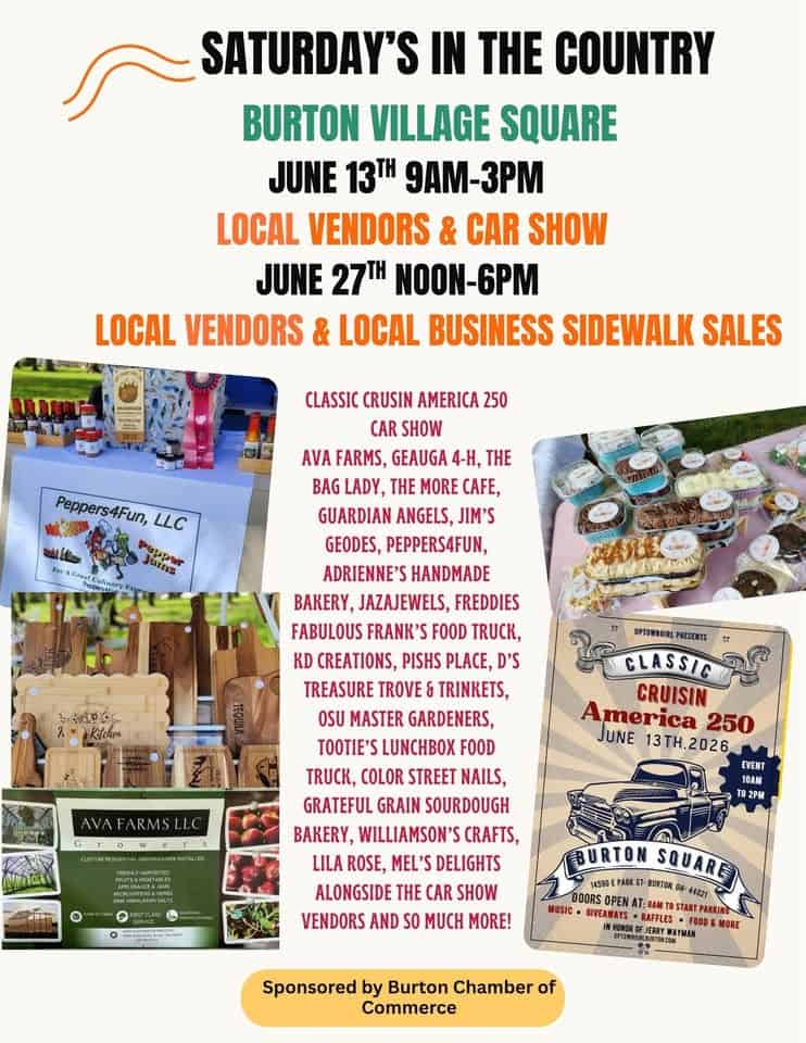 Car Show 250 & Saturdays IN the Country event at Burton Village Square in Burton, OH on June 13, 2026