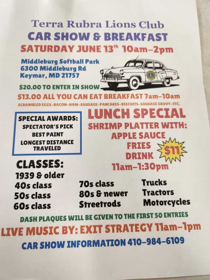 Car Show & Breakfast event at Middleburg Softball Park in Keymar, MD on June 13, 2026