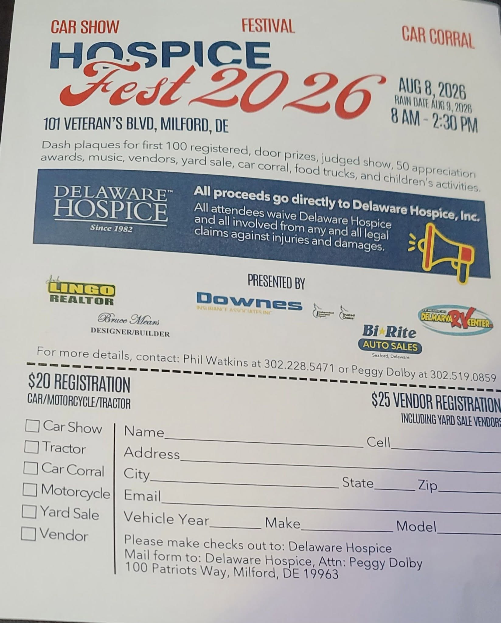 Car Show Hospice Fest 2026 event at 101 Veteran's Blvd in Milford, DE on August 8, 2026