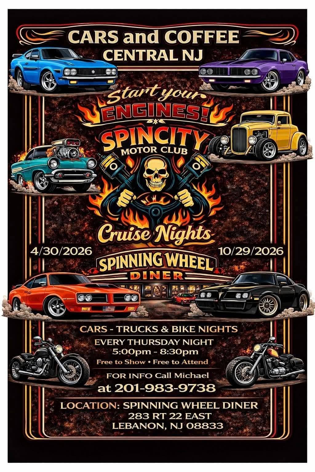 Cars and Coffee Central NJ Start Your Engines! Spincity Motor Club Cruise Nights event at Spinning Wheel Diner in Lebanon, NJ on April 30, 2026