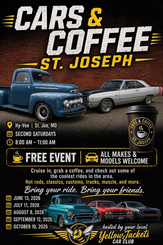 Cars & Coffee St. Joseph event at Hy-Vee in St. Joseph, MO on June 13, 2026