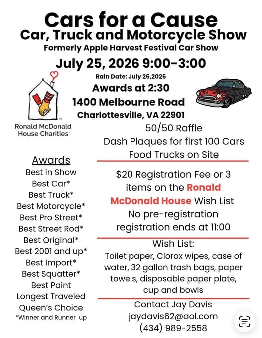 Cars for a Cause - formally the Apple Harvest Festival Car Show event at 1400 Melbourne Road in Charlottesville, VA on July 25, 2026