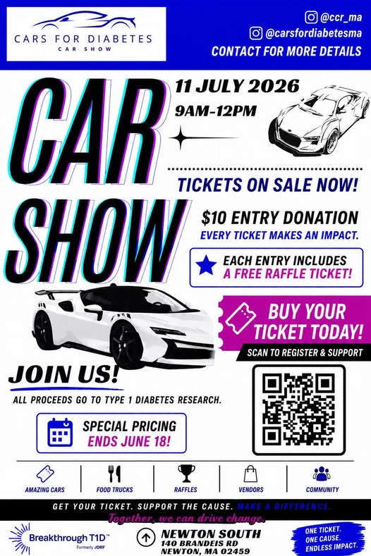 Cars for Diabetes Car Show event at Newton South in Newton, MA on July 11, 2026