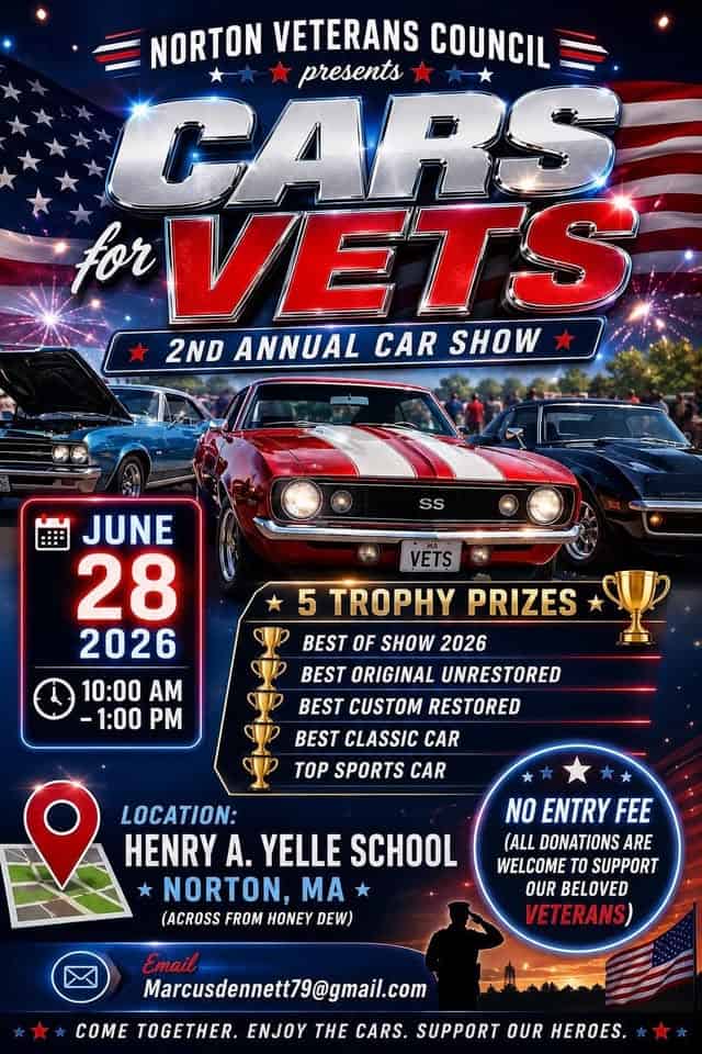 Cars for Vets 2nd Annual Car Show event at Henri a. Yelle Elementary School in Norton, MA on June 28, 2026