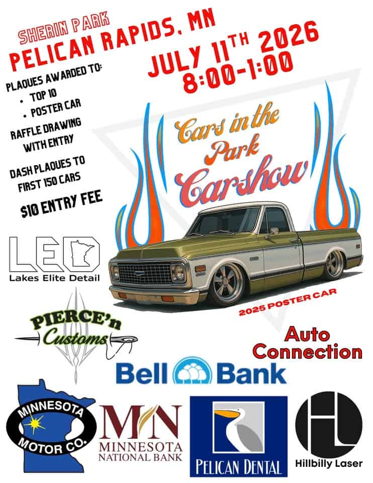 Cars in the Park Car Show event at Sherin Park in Pelican Rapids, MN on July 11, 2026