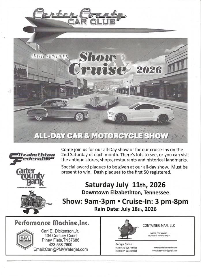 Carter County Car Club 44th Annual Show & Cruise 2026 event at 527 E Elk Ave in Elizabethton, TN on July 11, 2026