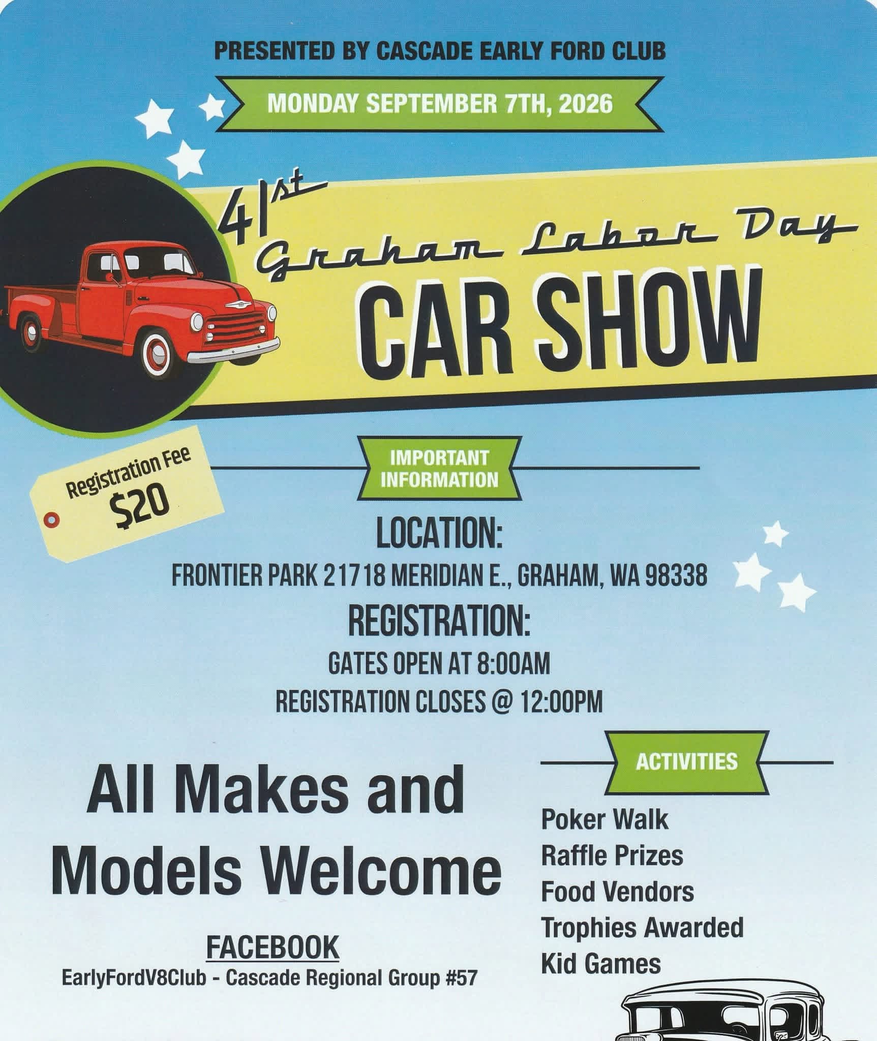 Cascade Early Ford Club 41st Graham Labor Day Car Show event at Frontier Park in Graham, WA on September 7, 2026