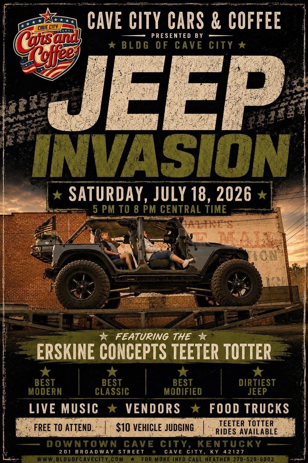 Cave City Cars & Coffee Jeep Invasion event at 201 E. B.R. Smith Street in Cave City, KY on July 18, 2026