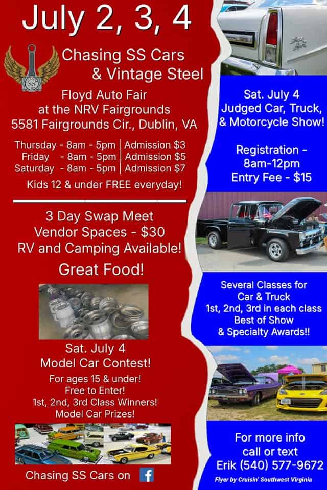 Chasing SS Cars & Vintage Steel Floyd Auto Fair event at New River Valley Fairgrounds in Dublin, VA on July 2, 2026