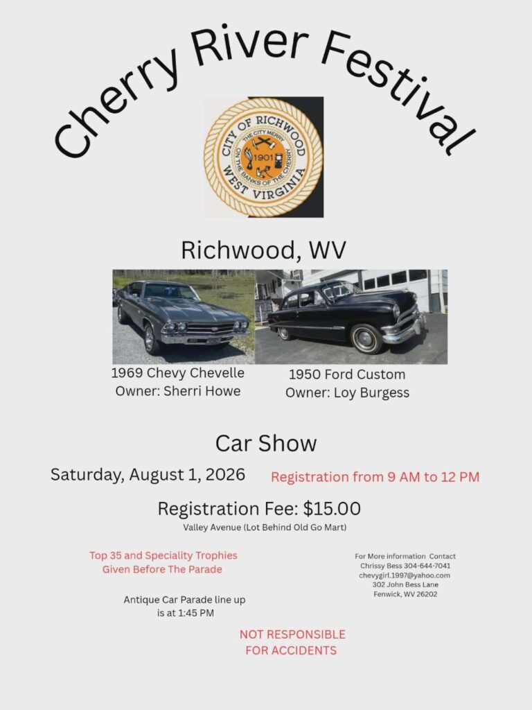 Cherry River Festival Car Show event at Valley Avenue in Richwood, WV on August 1, 2026