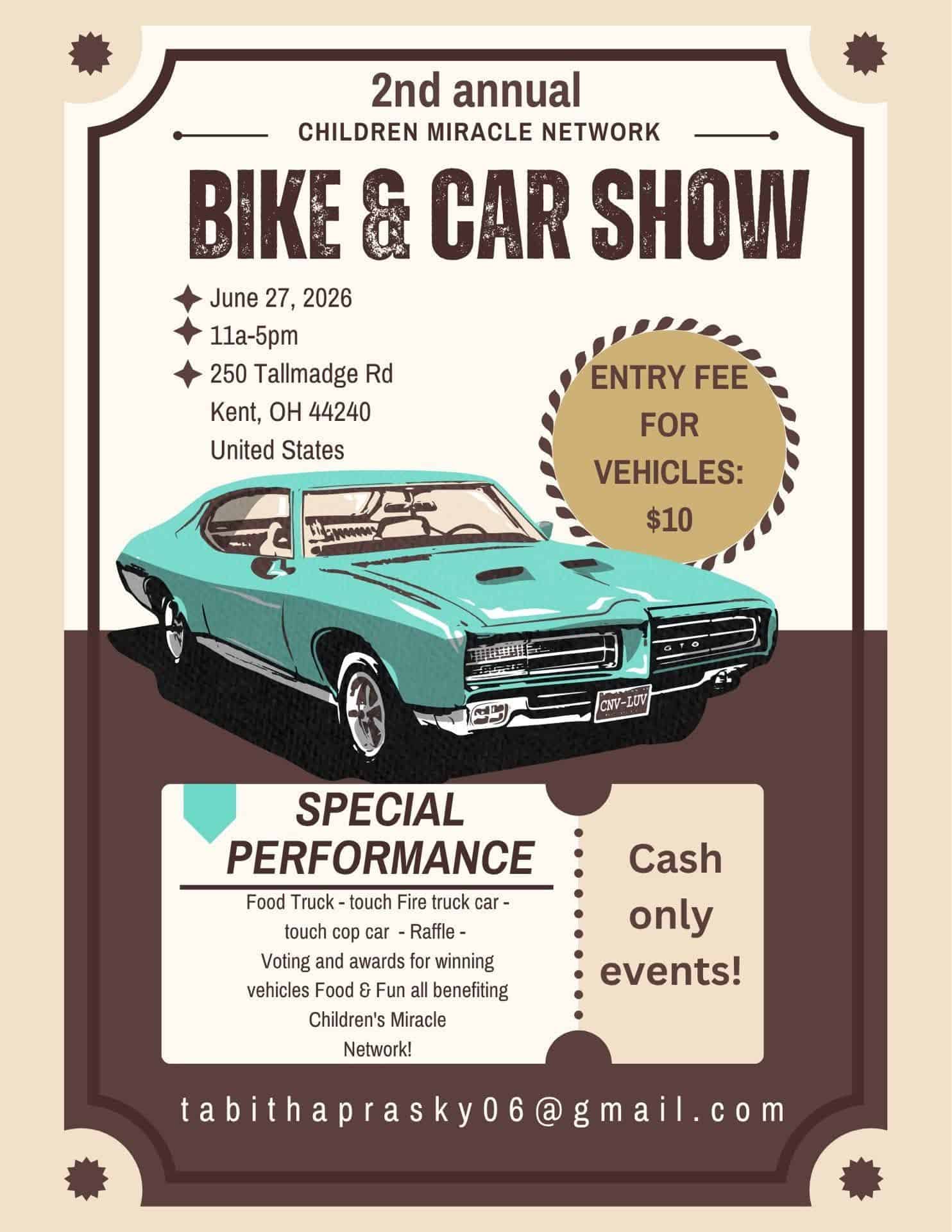 Children's Miracle Network 2nd Annual Bike & Car Show event at 250 Tallmadge Rd in Kent, OH on July 27, 2026
