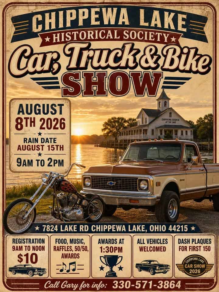 Chippewa Lake Historical Society Car, Truck & Bike Show event at Chippewa Church at the Lake United Methodist in Chippewa Lake, OH on August 8, 2026