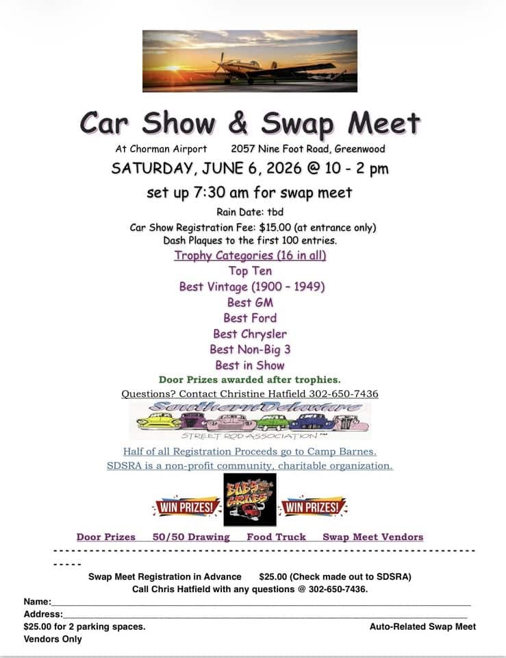 Chorman Airport Car Show & Swap Meet event at Chorman Airport in Greenwood, DE on June 6, 2026
