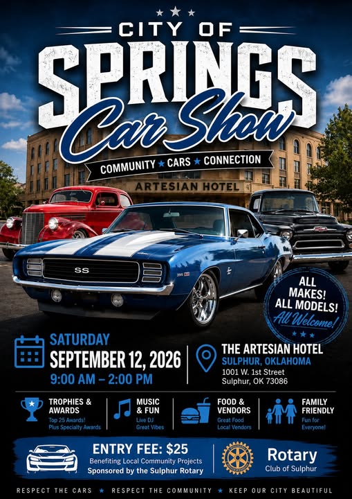City Of Springs Car Show event at The Artesian Hotel in Sulphur, OK on September 12, 2026
