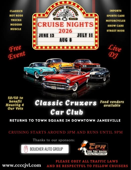 Classic Cruzers Car Club Cruise Nights event at Town Square in Janesville, WI on June 13, 2026
