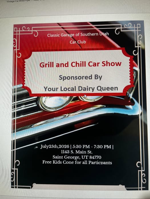Classic Garage of Southern Utah Car Club Grill and Chill Car Show event at Dairy Queen in Saint George, UT on July 25, 2026