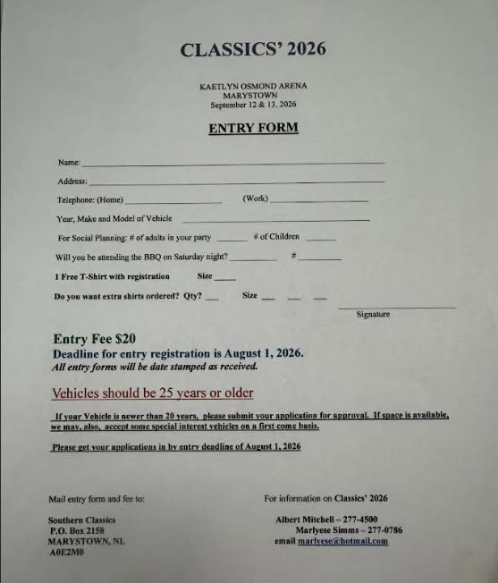 Classics' 2026 event at Kaelyn's Oasis Arena in Marystown, NL on September 12, 2026