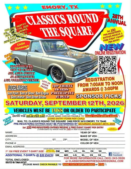 Classics Round the Square 26th Annual Car Show event at Downtown Emory in Emory, TX on September 12, 2026