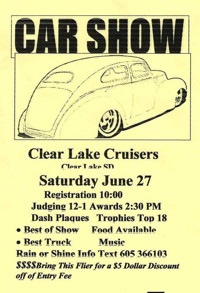 Clear Lake Cruisers Car Show event at Main Street in Clear Lake, SD on June 27, 2026