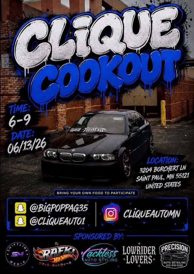 Clique Auto Cookout event at 3204 Borchert Ln in St Paul, MN on June 13, 2026