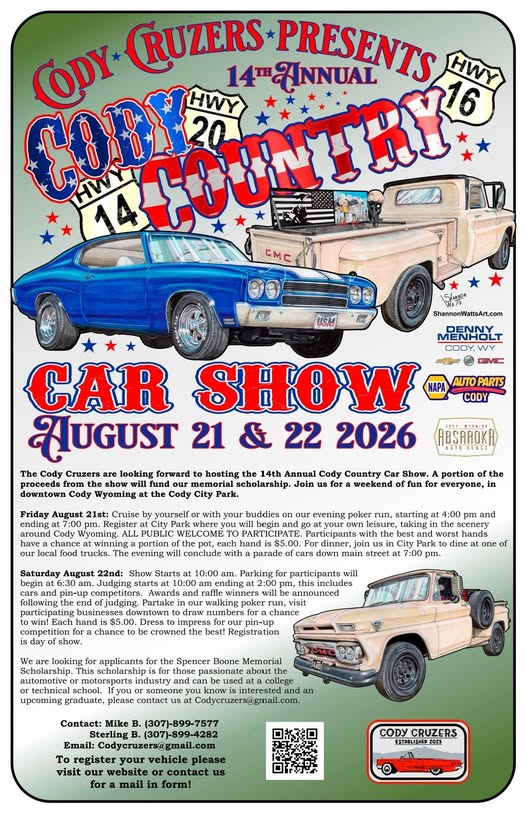 Cody Cruzers 14th Annual Cody Country Car Show event at Downtown Cody in Cody, WY on August 21, 2026