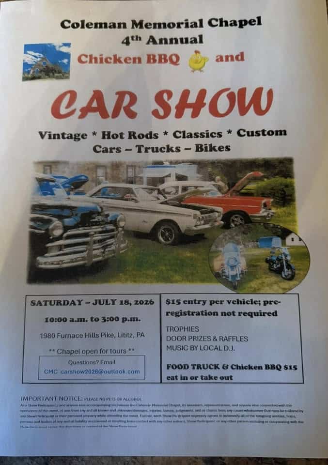Coleman Memorial Chapel 4th Annual Chicken BBQ and Car Show event at Coleman Memorial Chapel in Lititz, PA on July 18, 2026