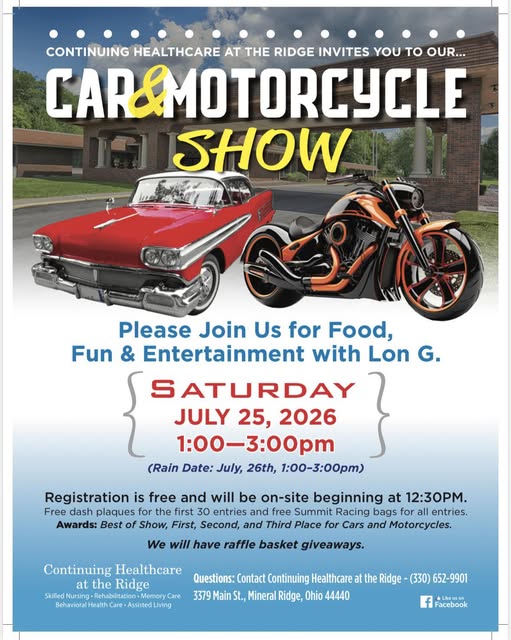 Continuing Healthcare at the Ridge Car & Motorcycle Show event at Continuing Healthcare at the Ridge in Mineral Ridge, OH on July 25, 2026