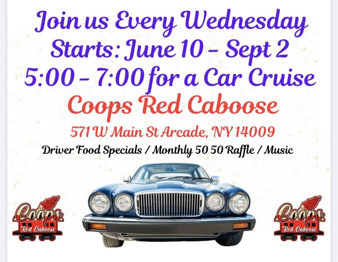 Coops Red Caboose Car Cruise event at Coops Red Caboose in Arcade, NY on June 10, 2026