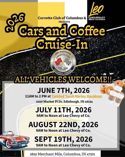 Corvette Club of Columbus & Leo Chevrolet Cars and Coffee Cruise-In event at Leo Chevy in Columbus, IN on July 11, 2026