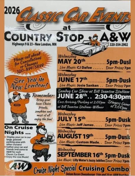 Country Stop A&W 2026 Classic Car Events event at Country Stop A&W in New London, MN on May 20, 2026